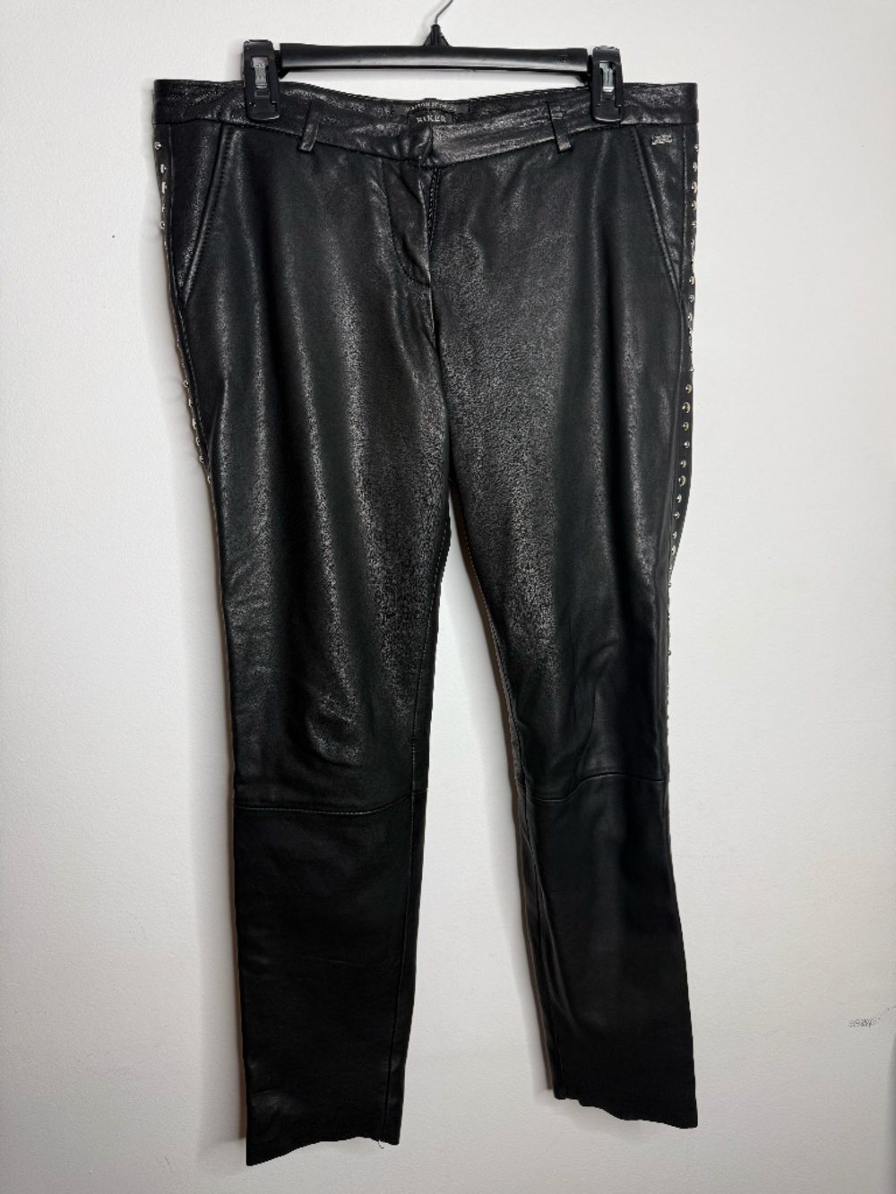 Maison Scotch Biker black sheep leather pants featuring studded details along th
